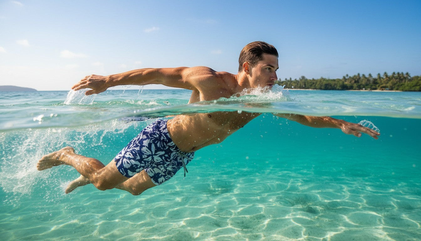 Cinnamon & Ginger men's blue and white floral print board shorts, swimming in clear turquoise water.