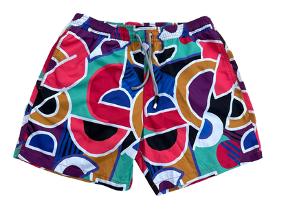 MEN'S SWIM TRUNKS WITH COLORFUL GEOMETRIC PATTERN, BOARD SHORTS