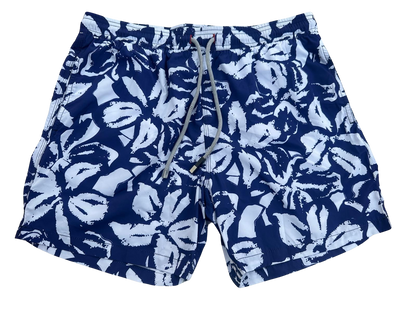 BLUE AND WHITE PATTERNED MEN'S SWIM SHORTS, BOARD SHORTS