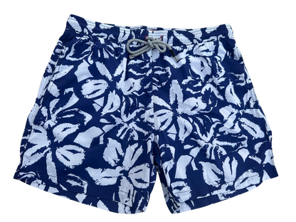 BLUE AND WHITE PATTERNED MEN'S SWIM SHORTS, BOARD SHORTS