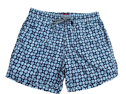 BLUE BLACK GEOMETRIC MEN'S SWIM SHORTS
