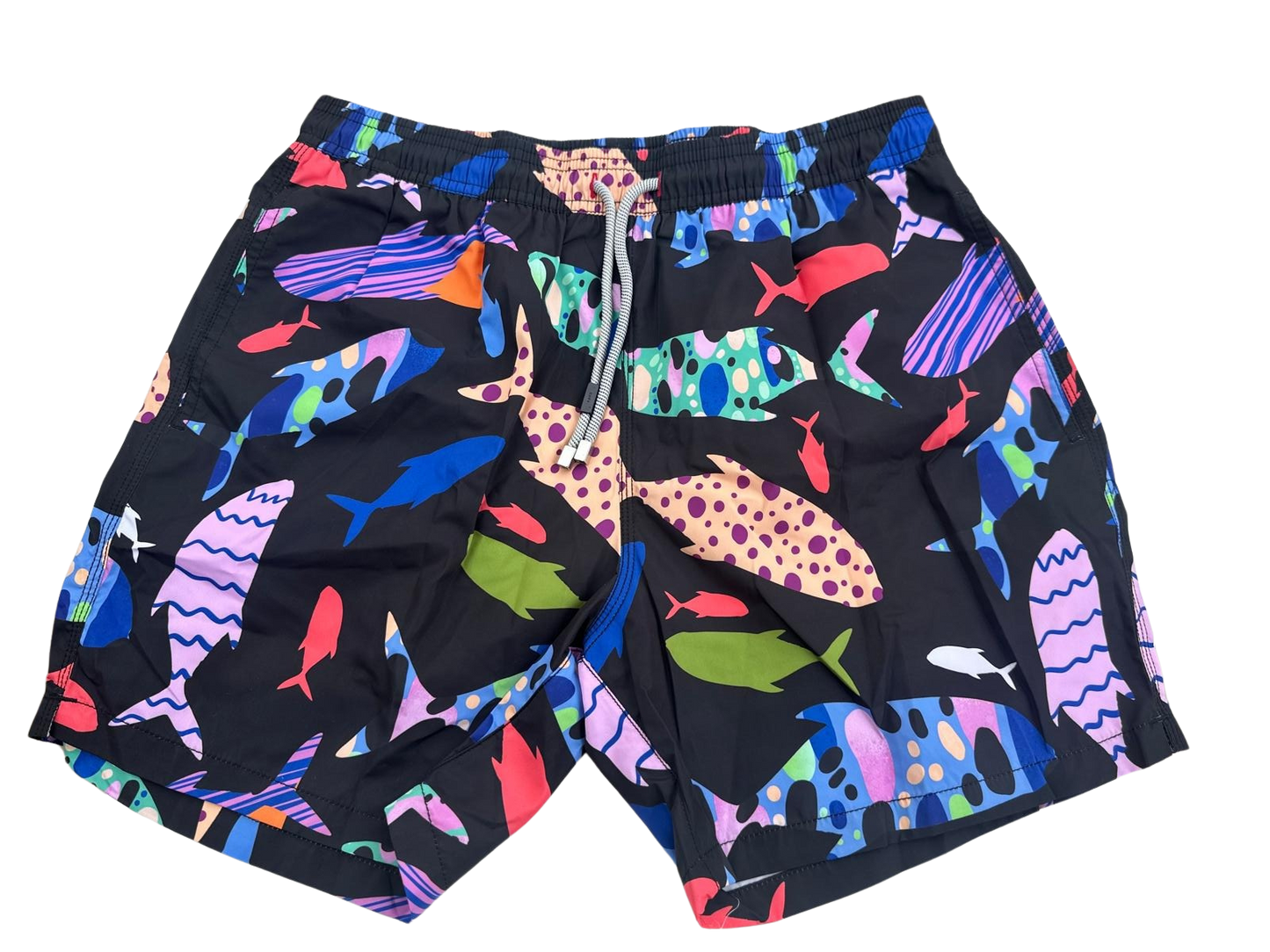 MEN'S FISH PATTERN SWIM SHORTS ON A BLACK BACKGROUND