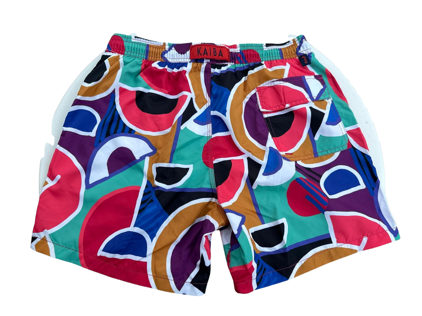 MEN'S SWIM TRUNKS WITH COLORFUL GEOMETRIC PATTERN, BOARD SHORTS