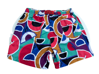 MEN'S SWIM TRUNKS WITH COLORFUL GEOMETRIC PATTERN, BOARD SHORTS