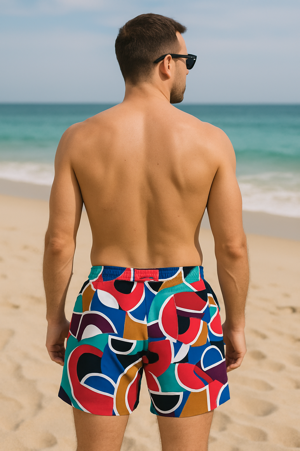 MEN'S SWIM TRUNKS WITH COLORFUL GEOMETRIC PATTERN, BOARD SHORTS