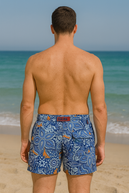 MAVİ FLORAL DESENLİ ERKEK YÜZÜCÜ ŞORT MAYO, BOARD SHORT
