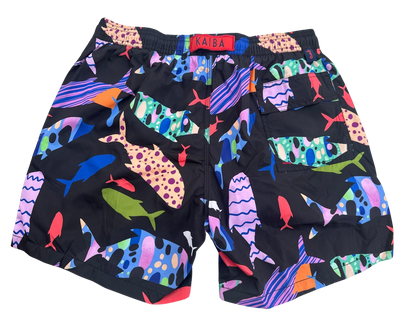 MEN'S FISH PATTERN SWIM SHORTS ON A BLACK BACKGROUND