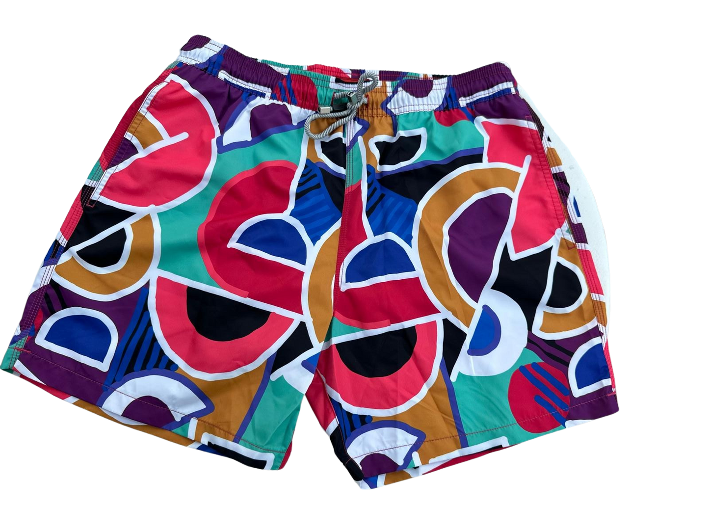 MEN'S SWIM TRUNKS WITH COLORFUL GEOMETRIC PATTERN, BOARD SHORTS