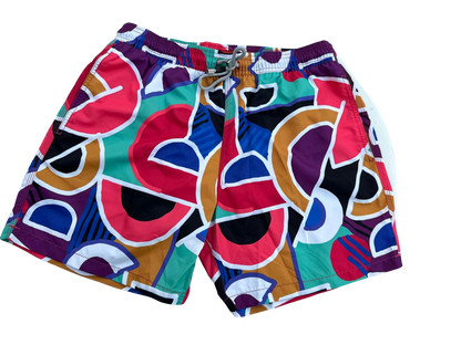 MEN'S SWIM TRUNKS WITH COLORFUL GEOMETRIC PATTERN, BOARD SHORTS