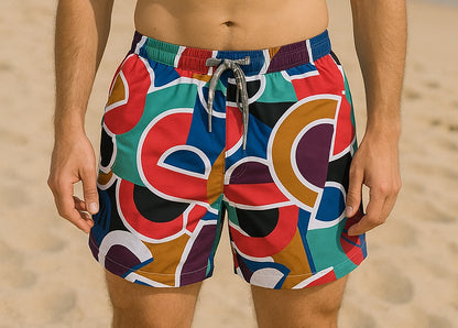 MEN'S SWIM TRUNKS WITH COLORFUL GEOMETRIC PATTERN, BOARD SHORTS