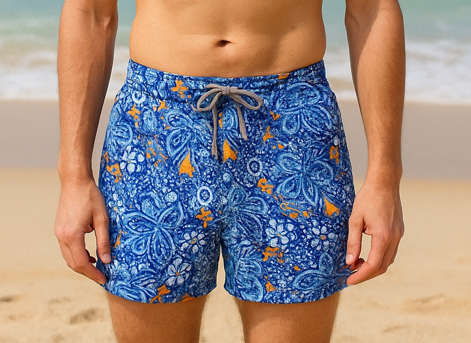 MAVİ FLORAL DESENLİ ERKEK YÜZÜCÜ ŞORT MAYO, BOARD SHORT