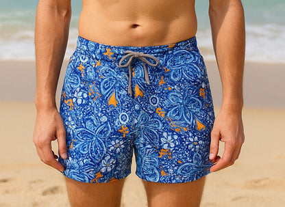 MAVİ FLORAL DESENLİ ERKEK YÜZÜCÜ ŞORT MAYO, BOARD SHORT