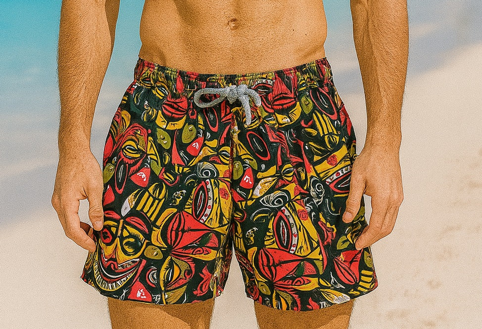 COLORFUL MASK PATTERNED MEN'S SWIM SHORTS, BOARD SHORTS
