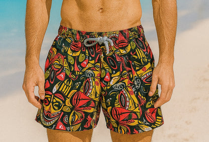 COLORFUL MASK PATTERNED MEN'S SWIM SHORTS, BOARD SHORTS